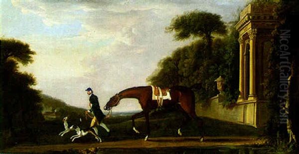 A Chesnut Hunter Being Led By Groom With Two Hounds - view 1