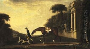 A Chestnut Hunter Being Led By A Groom With Two Hounds Outside A Country Estate by Richard Roper