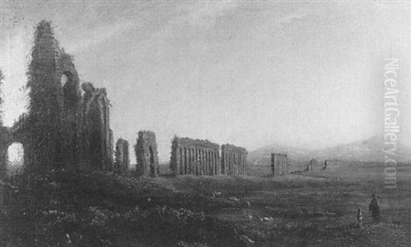 Travellers Approaching Ruined Aquaduct In Roman Campagna - view 1
