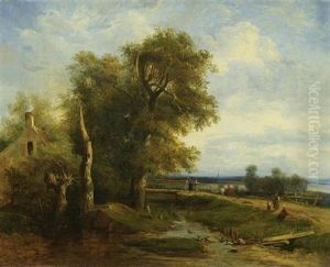 Weite Franzosische Landschaft Mit Figuren Und Tieren Im Vordergrund by Camille Joseph Etienne Roqueplan