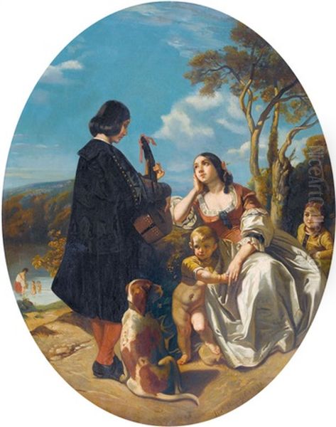 Sudliche Uferlandschaft Mit Musikanten Und Junger Frau - view 1