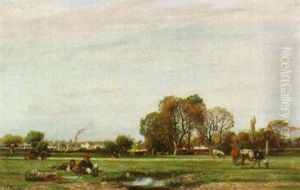 Landscape With Cattle And Two Figures Resting By A Pond, A Town Beyond
