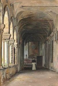 A Dominican Friar In A Colonnade In A Monastery