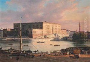 View Of Stockholm With The Royal Castle Seen From Skeppsholmen, In The Foreground People Working