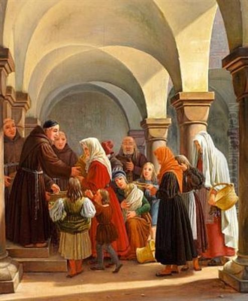 Alms. Monks Distributing Food To The Poor In An Italian Cloister - view 1