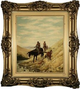 Indians On Horseback Nearing A River by Julius Rorphuro