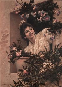 Muchacha Joven Con Flores En La Ventana by Manuel De La Rosa