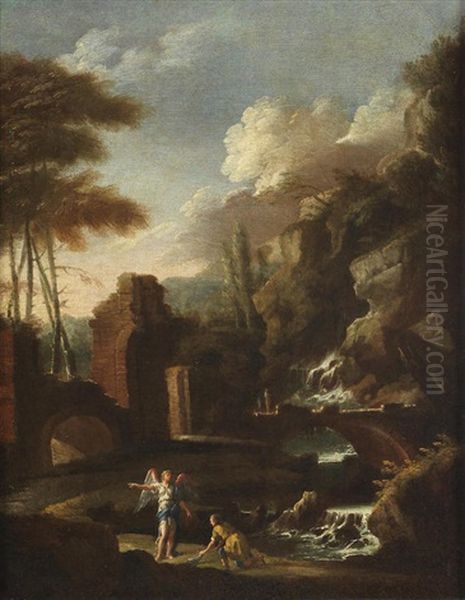 A River Landscape With Tobias And The Angel; And A River Landscape With Jacob Wrestling The Angel (2) by Salvator Rosa