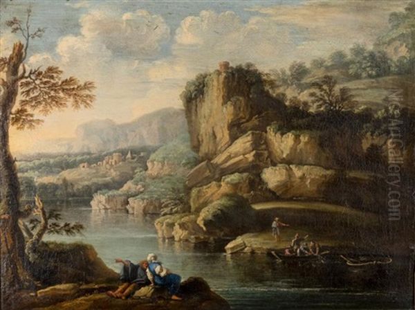 Pecheurs Relevant Leurs Filets Dans Un Paysage Rocheux - view 1