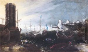 Kustenlandschaft Mit Segelschiffen, Figurenstaffage Und Blick Auf Eine Stadt Kustenlandschaft Mit Segelschiffen, Figurenstaffage Und Blick Auf Eine Stadt