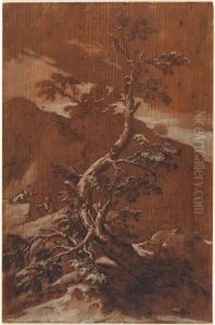 A Rocky Landscape With A Tree And Two Figures by Salvator Rosa