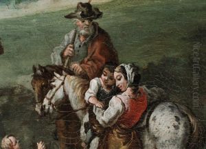 Landschaft Mit Wandernder Familie Zu Pferde Und Angler An Einem Fluss Mit Stadtchen Am Gegenuberliegendem Ufer