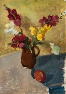Still Life With Vase Of Flowers And Apple by Walter Alfred Rosam