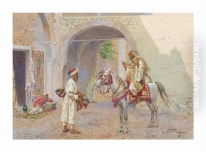 Arab Horseman Conversing With A Carpet Merchant by Giulio Rosati