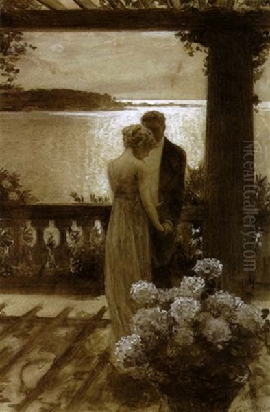 Figures On A Balcony In Moonlight - view 1