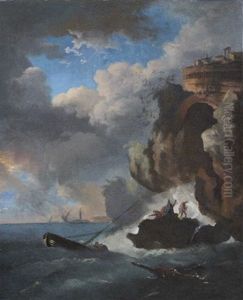 Mer Agitee Devant Une Cote Rocheuse Animee De Personnages by Jean Baptiste de la Rose