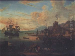 Scene De Port Mediterraneen Anime De Marchands by Jean Baptiste de la Rose