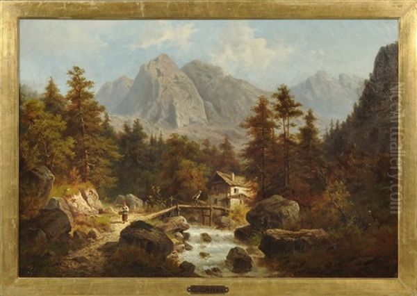 Alpenlandschaft Mit Wildbach Vor Felsmassiv. Ein Bauer Schiebt Eine Schubkarre Uber Eine Holzbrucke - view 1