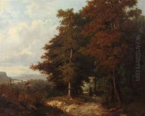 Waldlandschaft Mit Holzsammler Und Hund