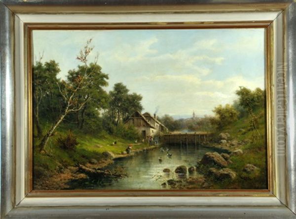 Wassermuhle Mit Wascherin Am Flussufer - view 1