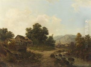 Vorgebirgslandschaft Mit Gehoften Am Fluss