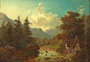 Gebirgslandschaft Mit Kleinen Bauernkaten Am Ufer Eines Baches