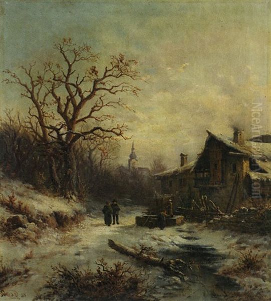 Rue De Village Animee Sous La Neige - view 1