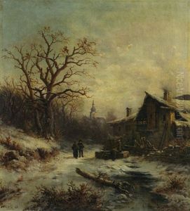 Rue De Village Animee Sous La Neige by Julius Rose