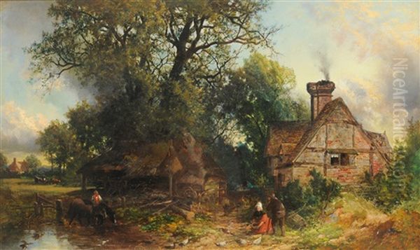 Figures Feeding Chickens Beside A Cottage - view 1