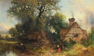 Figures Feeding Chickens Beside A Cottage