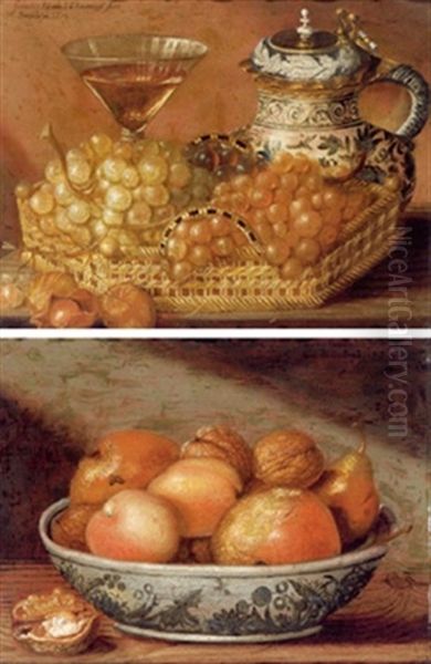Stillleben Mit Einem Korb Mit Weintrauben, Einem Gefullten Weinglas Und Einem Bemalten Tonkrug (+ Keramikschale Mit Apfeln, Pfirsichen Und Nussen; Pair) - view 1