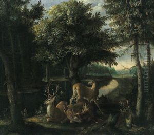 Zwei Hirsche Und Eine Hirschkuh In Einem Waldbach by Franz Roesel von Rosenhof