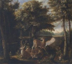 A Wooded Landscape With Two Stags And A Deer In A Clearing By A River by Franz Roesel von Rosenhof