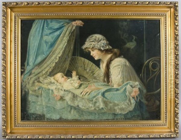A Mother Gazing At New Born Child In Cradle - view 1