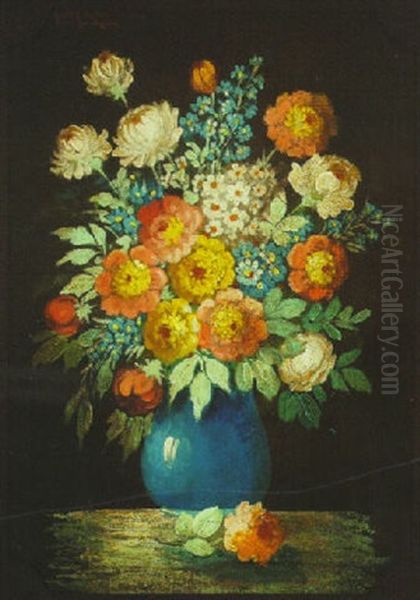 Still Life With Peonies And Delphinium In A Blue Vase - view 1