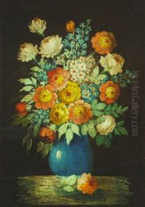 Still Life With Peonies And Delphinium In A Blue Vase