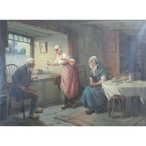 Cottage Interior Scenes With A Family Seated Around A Table And Figures Seated Listening To The Contents Of A Letter (pair)