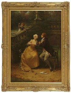 Elegant Figures Seated On A Garden Bench With Young Child Throwing A Ball