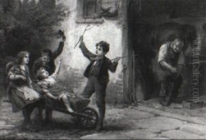 Children Playing Outside A Blacksmith Shop by Alexander Rosell