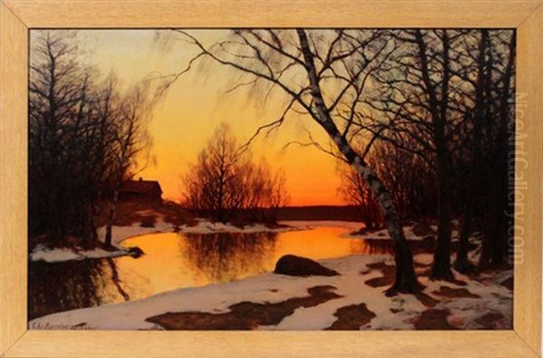 Winter Landscape Scene With Trees, River And House - view 1