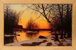 Winter Landscape Scene With Trees, River And House by Edvard Rosenberg