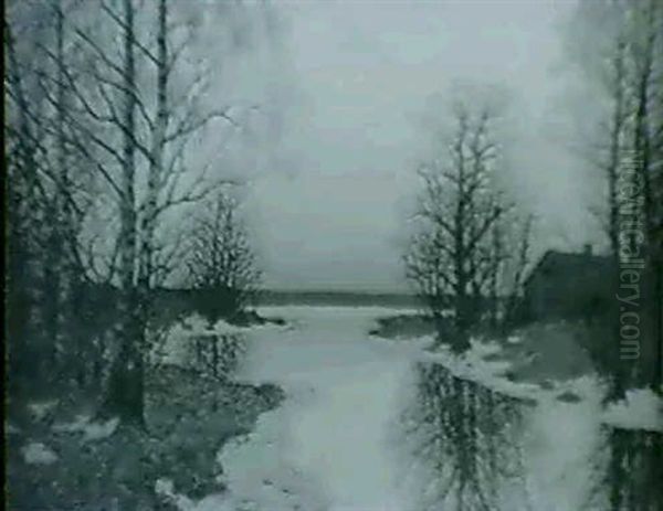 Senvinterlandskap Med Hus Och Trad Vid Vatten -aftonrodnad - view 1