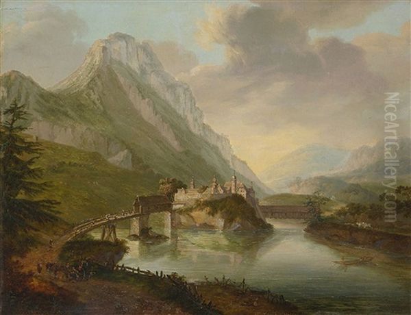 Gebirgslandschaft Mit Kleinem Stadtchen Auf Einer Felseninsel - view 1