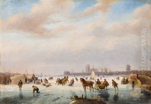 Winterliche Szene Mit Eisvergnugen, Im Hintergrund Die Stadt Dordrecht by Nicolas Rosenboom