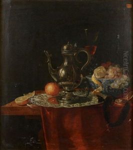 Nature Morte A La Coupe Wan Li, Au Verre Venitien, Aux Fruits Et Agrumes, Et A L'aiguiere Refletant L'autoportrait Du Peintre by Johannes Rosenhagen