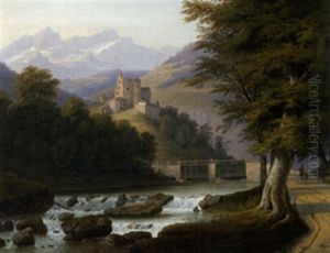 Gebirgslandschaft Mit Schlossruine Uber Flusslauf