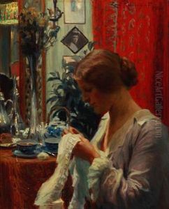 Interior With A Woman With Her Needlework by Christian Emil Rosenstand