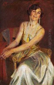 Fin Dame I Selskabskjole Med Lange Perlekaeder, Siddende I En Stol by Christian Emil Rosenstand