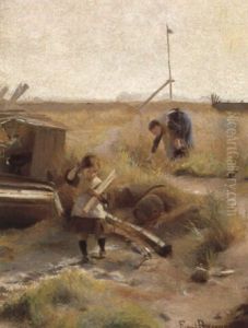 Moder Og Lille Pige Samler Braende by Christian Emil Rosenstand