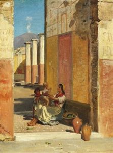 View From Pompeii With A Mother And Two Young Children